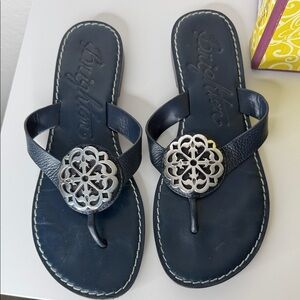 Brighton Navy Leather Floral Medallion Thong Sandals